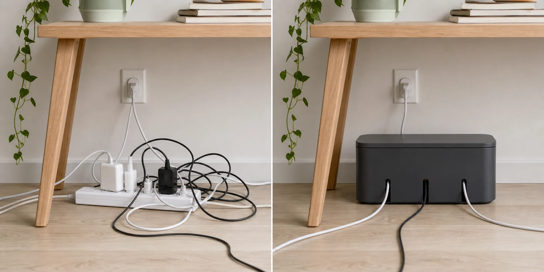 Exposed cables before organization and the same cables inside a management box