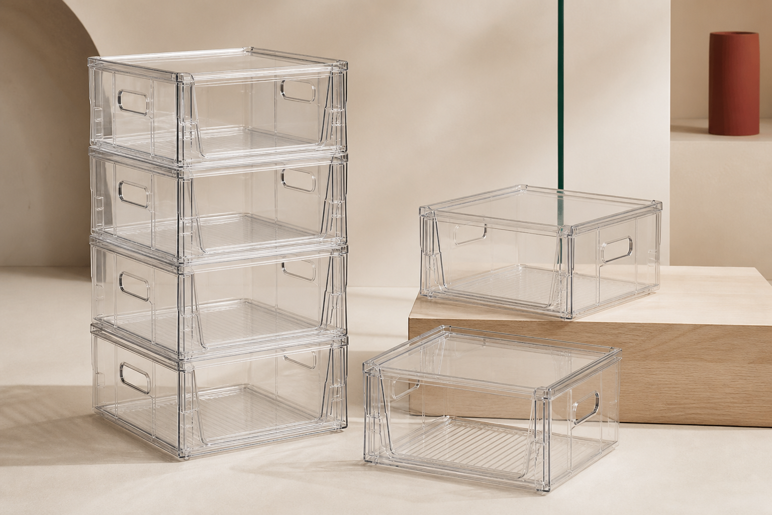Stackable clear bins arranged in a modular studio study